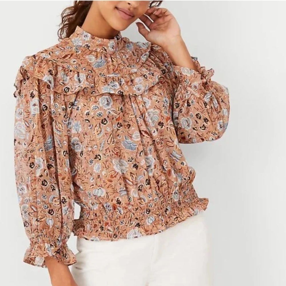 Ann Taylor Women's Floral Ruffle Smocked Hem Blouse
